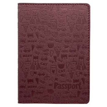 Обложка д/паспорта "Котики" фактурная кожа, бордовый, тиснение рисунками
