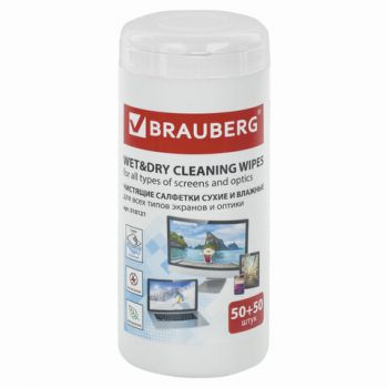 Туба с чистящими салфетками "Brauberg.Effect Clean" д/мониторов 50+50шт. сухие и влажные